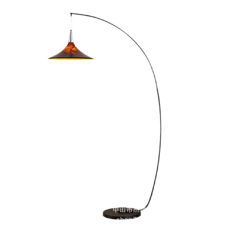 Black curved fishing floor lamp caramel gradient tapered handmade glass sofa wabi-sabi cream style living room study