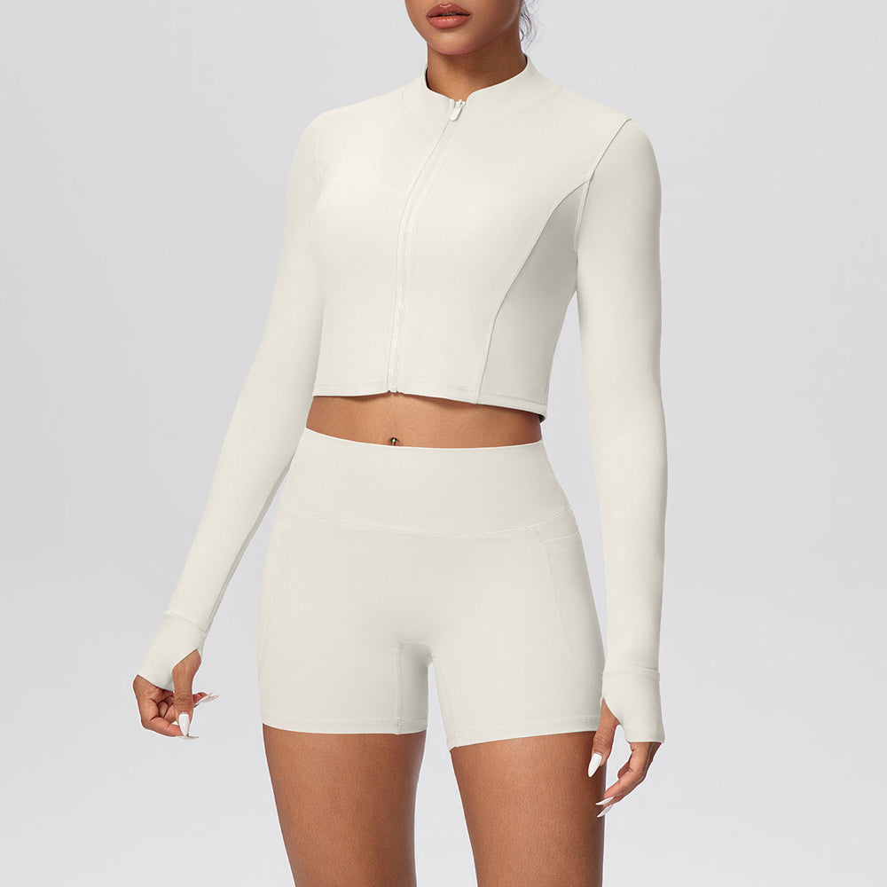 Cloud-feel outerwear short zip-up jacket with butt-lifting pocket shorts, a form-fitting activewear yoga set for women, perfect for running and fitness