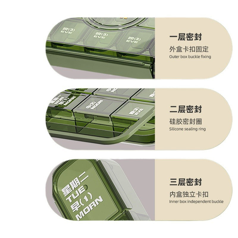 Medicine box, portable portable medicine dispensing box seven days a week, three meals a day dispenser, large-capacity tablet storage box