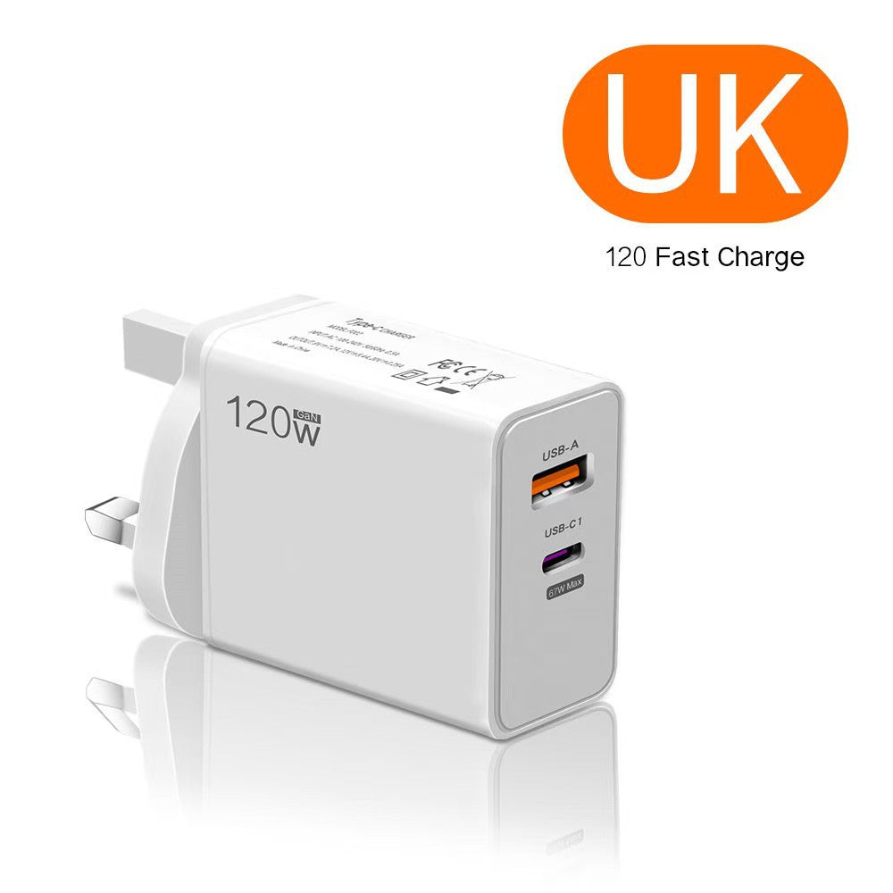 120w dual-port fast charging adapter, eu/uk plug, compatible with apple, huawei, and xiaomi phones