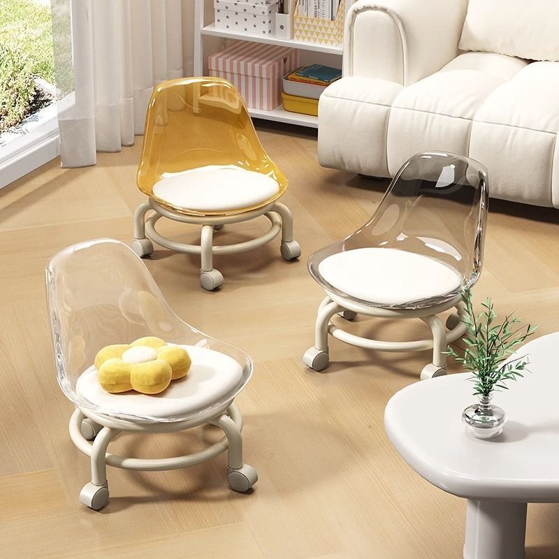 Influencer-approved rolling stool: the perfect low seat for baby care, featuring acrylic transparent design for toddlers learning to walk