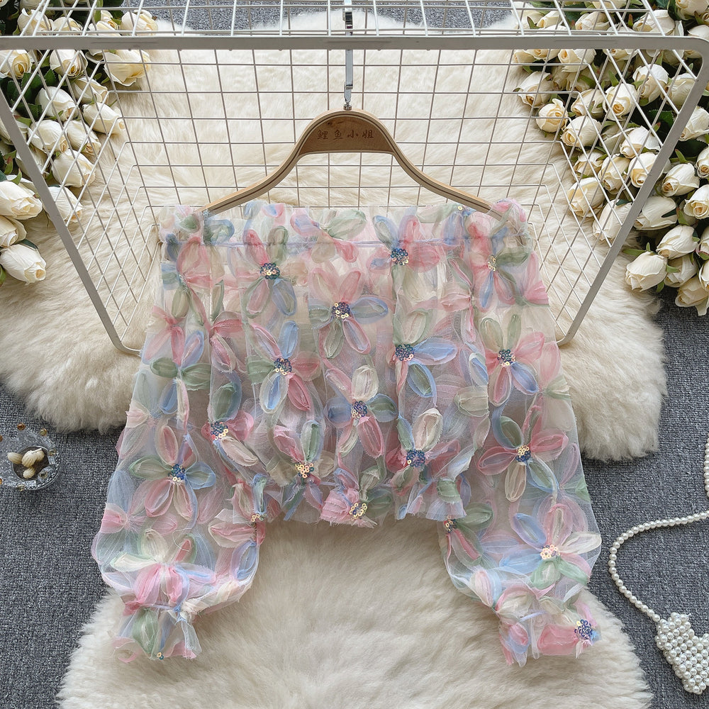 French chic off-the-shoulder long sleeve mesh blouse with 3d floral appliqués - women's summer top: loose fit, slimming, versatile, and unique