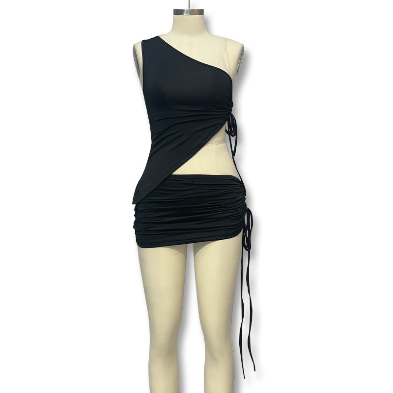 Exportfashionins style niche stylefashionsummersuit one shouldersense of design vest ruched short skirttwo-piece set for women