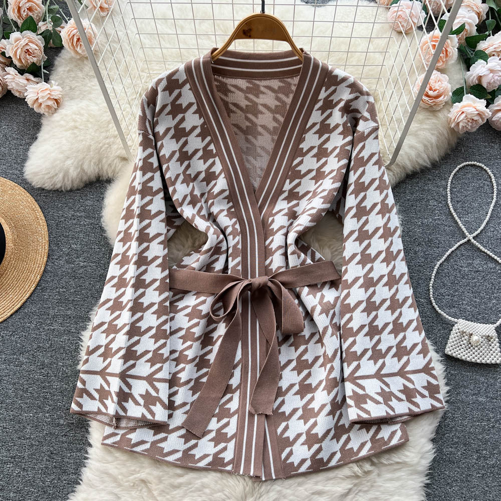 Xiaoxiangfengtwo-piece setautum women's houndstooth gridslong sleevessweatercardiganoutwearhigh waistdrapedcasualpants