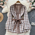 Xiaoxiangfengtwo-piece setautum women's houndstooth gridslong sleevessweatercardiganoutwearhigh waistdrapedcasualpants