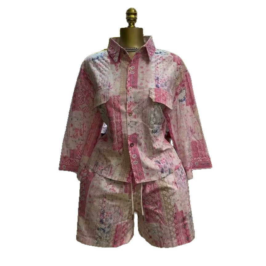 European and american cross-border women's fashion:  summer new arrivals - stylish casual printed loose-fit shirt top and wide-leg shorts set