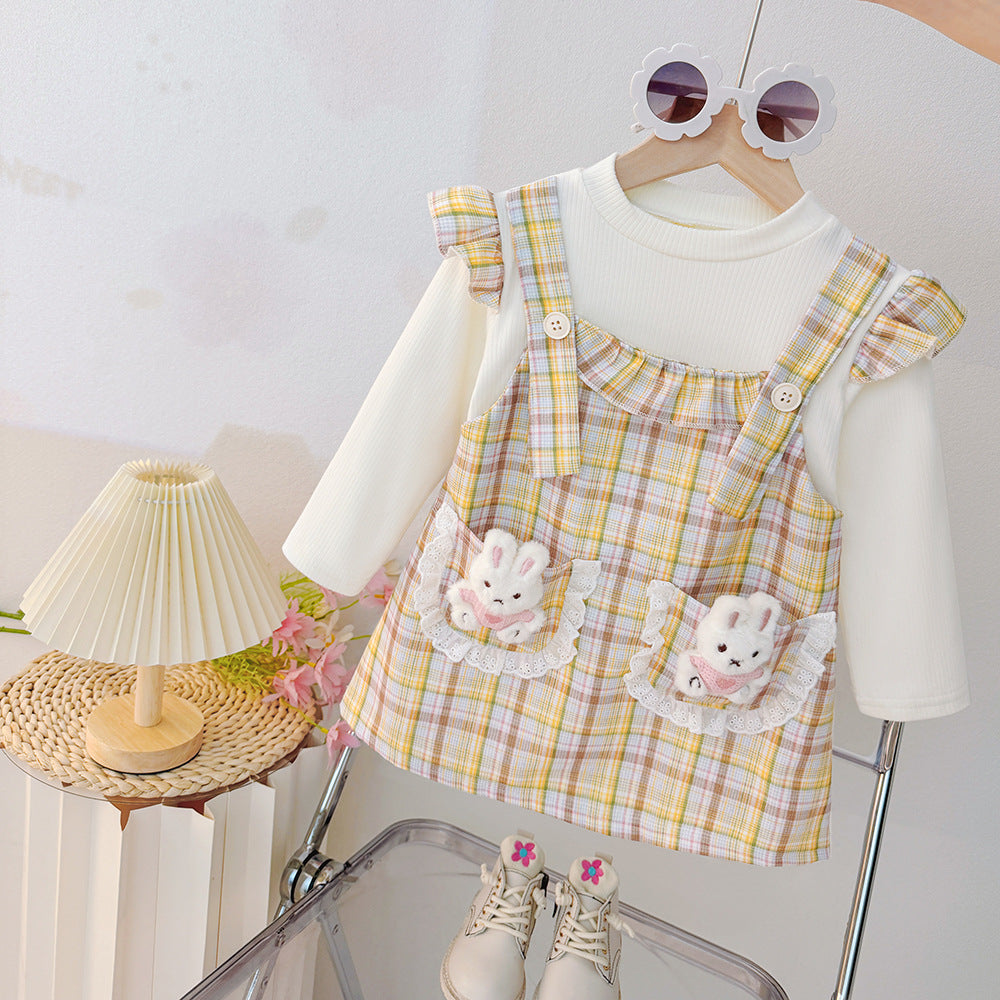 Girls' dress  autumn collection: adorable baby girl dress with cartoon bunny and plaid patchwork, long sleeve