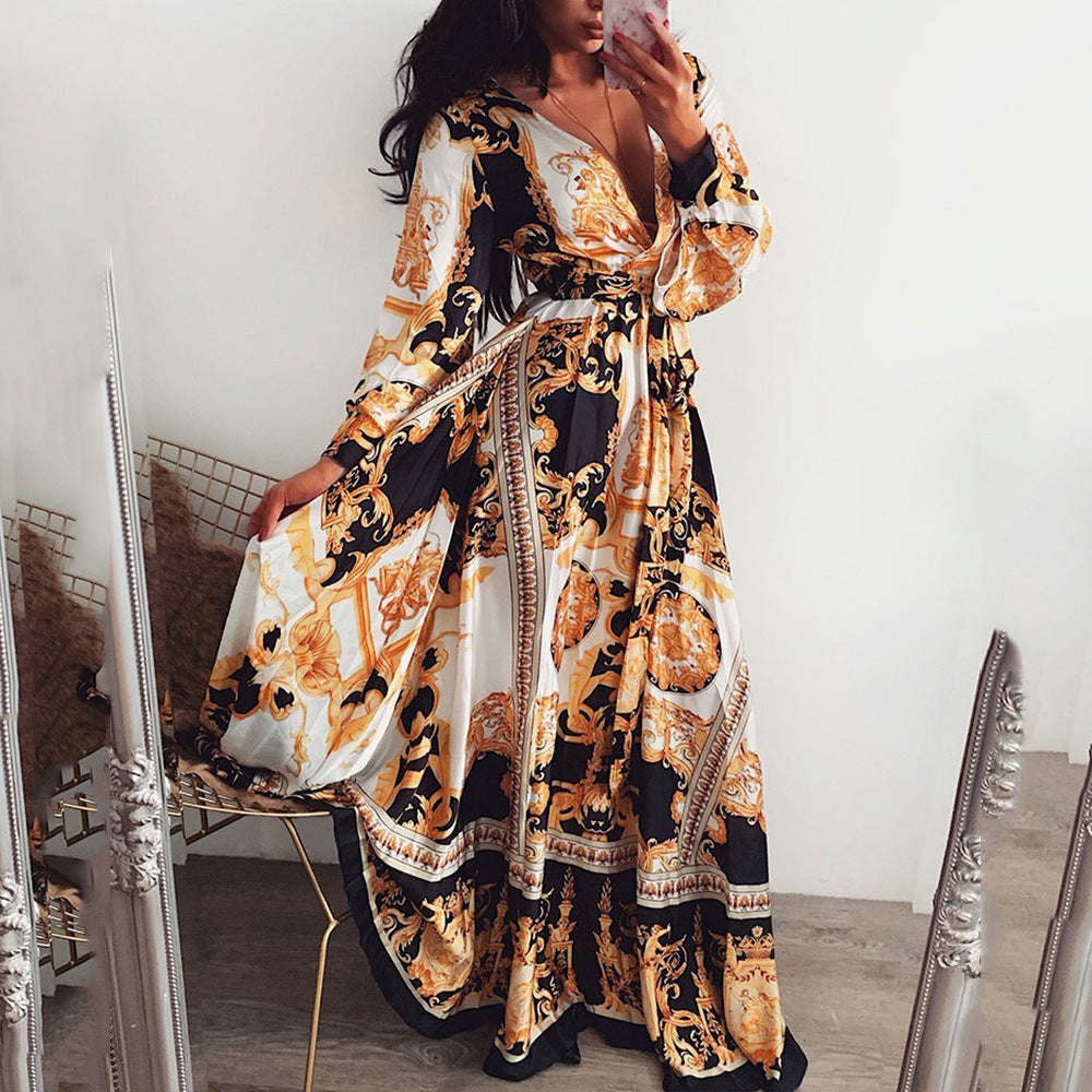 2025 cross-border evening gown: european and american print dress, v-neck pullover, vintage long sleeve, flared hem, slit maxi dress