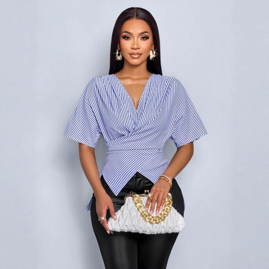 European and american cross-border  summer new striped irregular sexy fashion short-sleeve shirt v-neck top women's blouse
