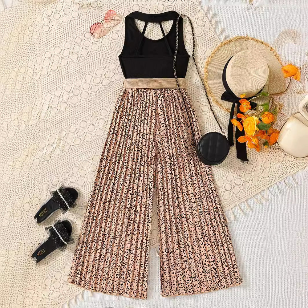 european and american style cross-border girls' solid color tank top + wide-leg pleated pants set with belt for older girls