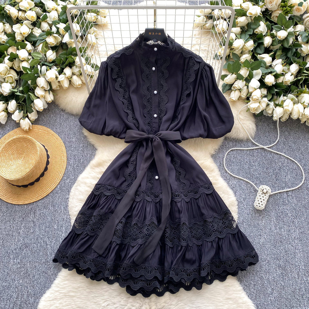 French retro court style chic lace patchwork tie-waist dress - lantern sleeves, slimming a-line skirt