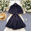 French retro court style chic lace patchwork tie-waist dress - lantern sleeves, slimming a-line skirt