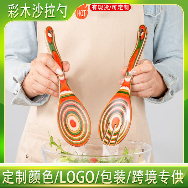 New colorful wood long handle spoon salad spoon household wooden tableware Internet celebrity colorful wooden spoon kitchen utensils
