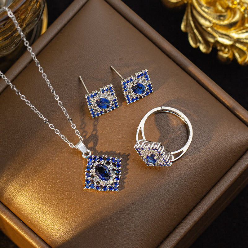 [set] high-end elegant and luxurious full diamond necklace for women, earrings, rings, full diamond copper inlaid zirconium sweater chain wholesale