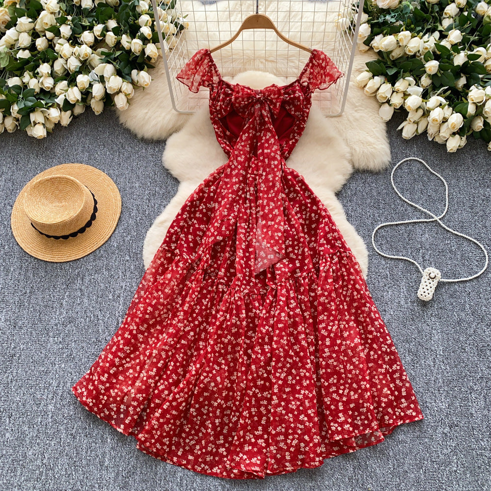 French sweet design hollow-out bow tie backless cinched waist floral dress - ethereal fairycore maxi dress