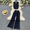 Lightly mature wear women's work clothingfashionv neck sleeveless topstitch flap pocket pants denim topshigh waistdrapedloose pantssuit
