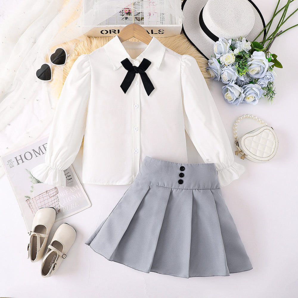 Girls' foreign trade skirt set: white long-sleeve blouse with bow tie, high-waisted pleated skirt, preppy style children's outfit