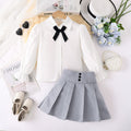 Girls' foreign trade skirt set: white long-sleeve blouse with bow tie, high-waisted pleated skirt, preppy style children's outfit