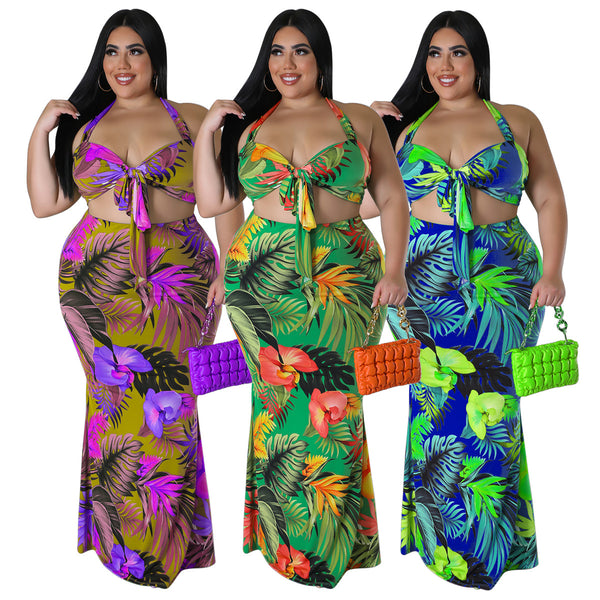 N7799  2023 spring new  printing conservative neck strap skirt set, wholesale in Europe and America