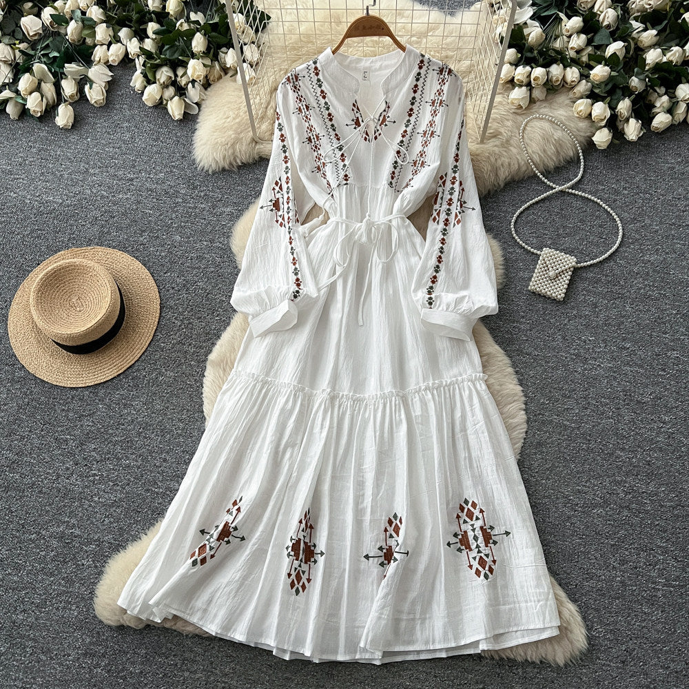 Vintage-inspired, heavily embroidered, unique and elegant women's long-sleeve dress - tie-waist a-line maxi dress, slimming and tummy-concealing
