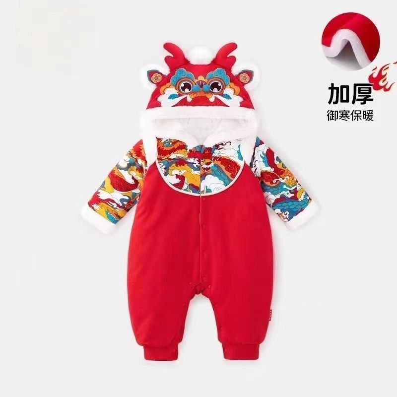 Baby winter romper newborn bodysuit fleece-lined thickened red festive first birthday outfit for visiting relatives