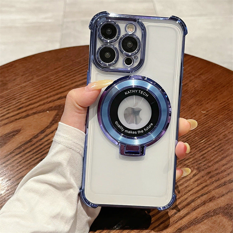 Four-corner anti-fall electroplating suitable for apple 16pro ring holder mobile phone case iphonexr/12 transparent protective cover