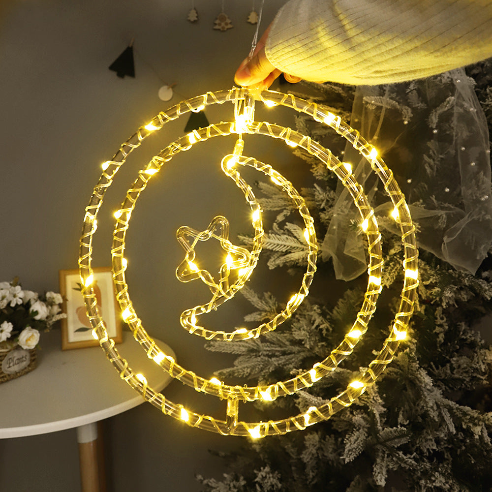 Cross-border LED Christmas decorative lights supermarket window layout atmosphere remote control battery box double ring LED lantern string