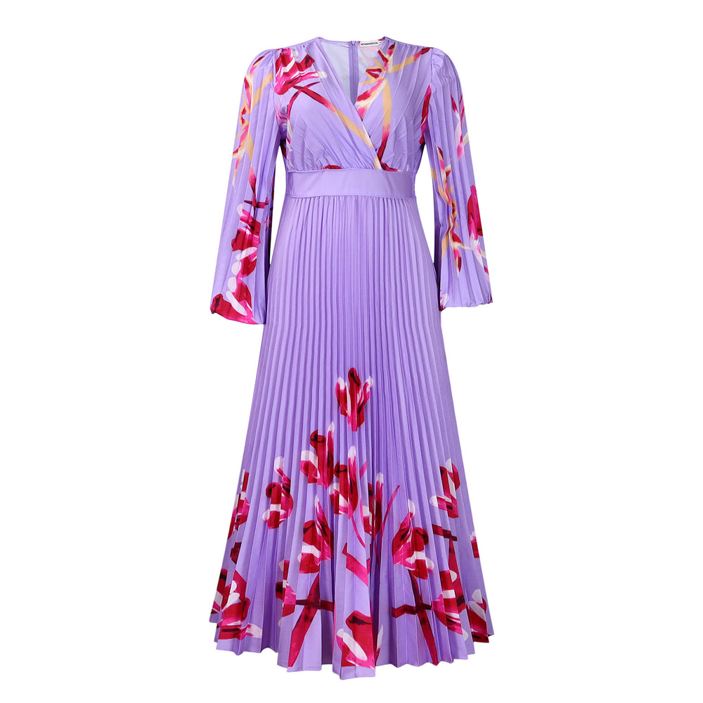 C8582 cross-border new arrival  women's v-neck long sleeve slim-fit printed pleated maxi dress - elegant export dress