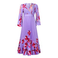 C8582 cross-border new arrival  women's v-neck long sleeve slim-fit printed pleated maxi dress - elegant export dress