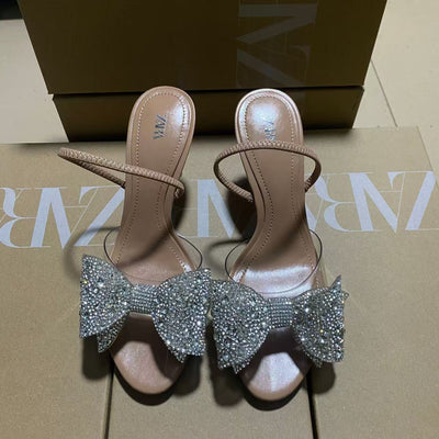Za women's shoes 2025 new arrivals: versatile bow-tie round toe high heels, stiletto heels, slingback sandals with sequin detail