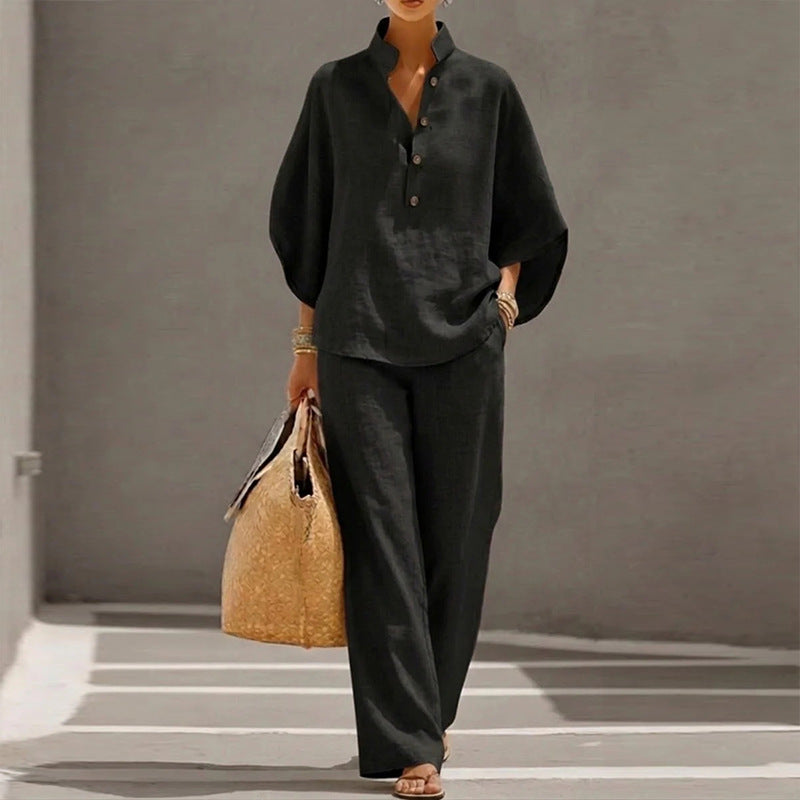 summer new european and american cross-border women's clothing casual loose solid color cotton linen turn-down collar wide leg pants fashion set