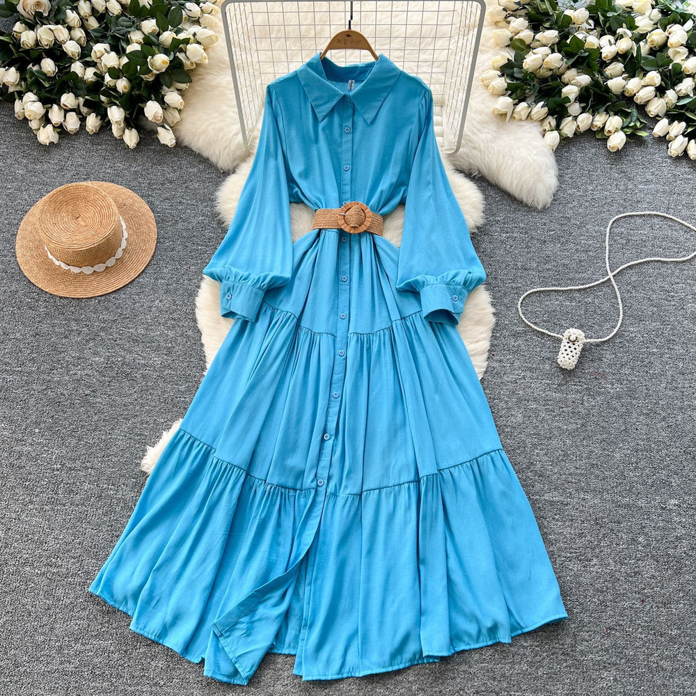 Frenchretro platycodon skirtclassy strappy waist lapel single breasted slimming look large swingshirtdress