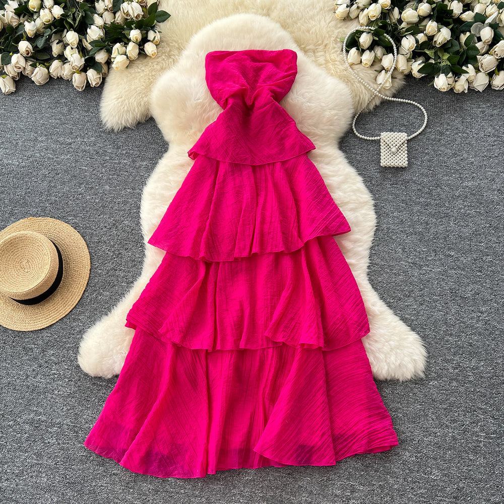 Sleeveless bandeau dress women's summer french style cinched waist slimming elegant vacation style long dress fairy cake dress