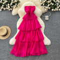 Sleeveless bandeau dress women's summer french style cinched waist slimming elegant vacation style long dress fairy cake dress