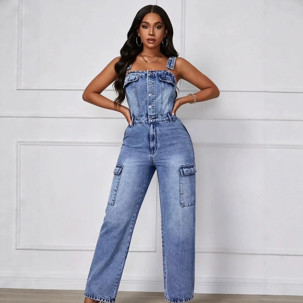 european and american  cross-border casual fashion sexy multi-pocket design high-quality denim jumpsuit women's clothing