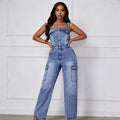 european and american  cross-border casual fashion sexy multi-pocket design high-quality denim jumpsuit women's clothing