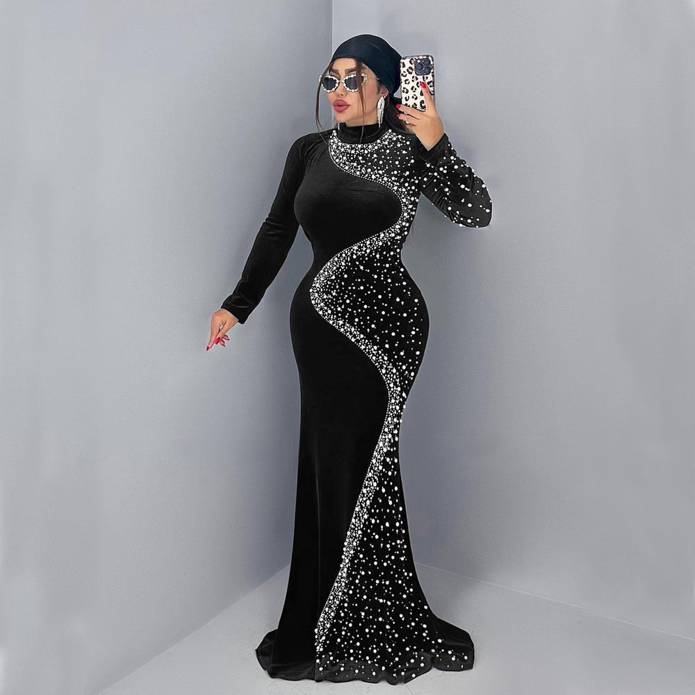 C7616 cross-border   fashion women's elegant velvet rhinestone dress
