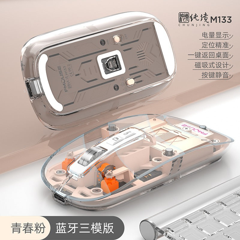Tiger cat m133 wireless bluetooth tri-mode transparent mouse - rechargeable, low profile, ideal for women, tablets, laptops, and office use