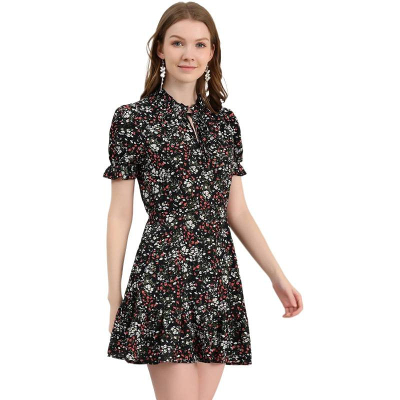 Amazon fashion ruffles bow tie chiffon floral dress  summer new arrival puff sleeve skirt