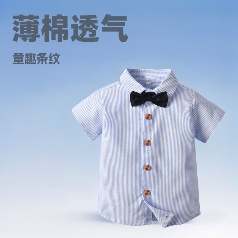 Boys' gentleman style short-sleeve shirt - lapel collar performance costume, formal top, student striped shirt - customizable