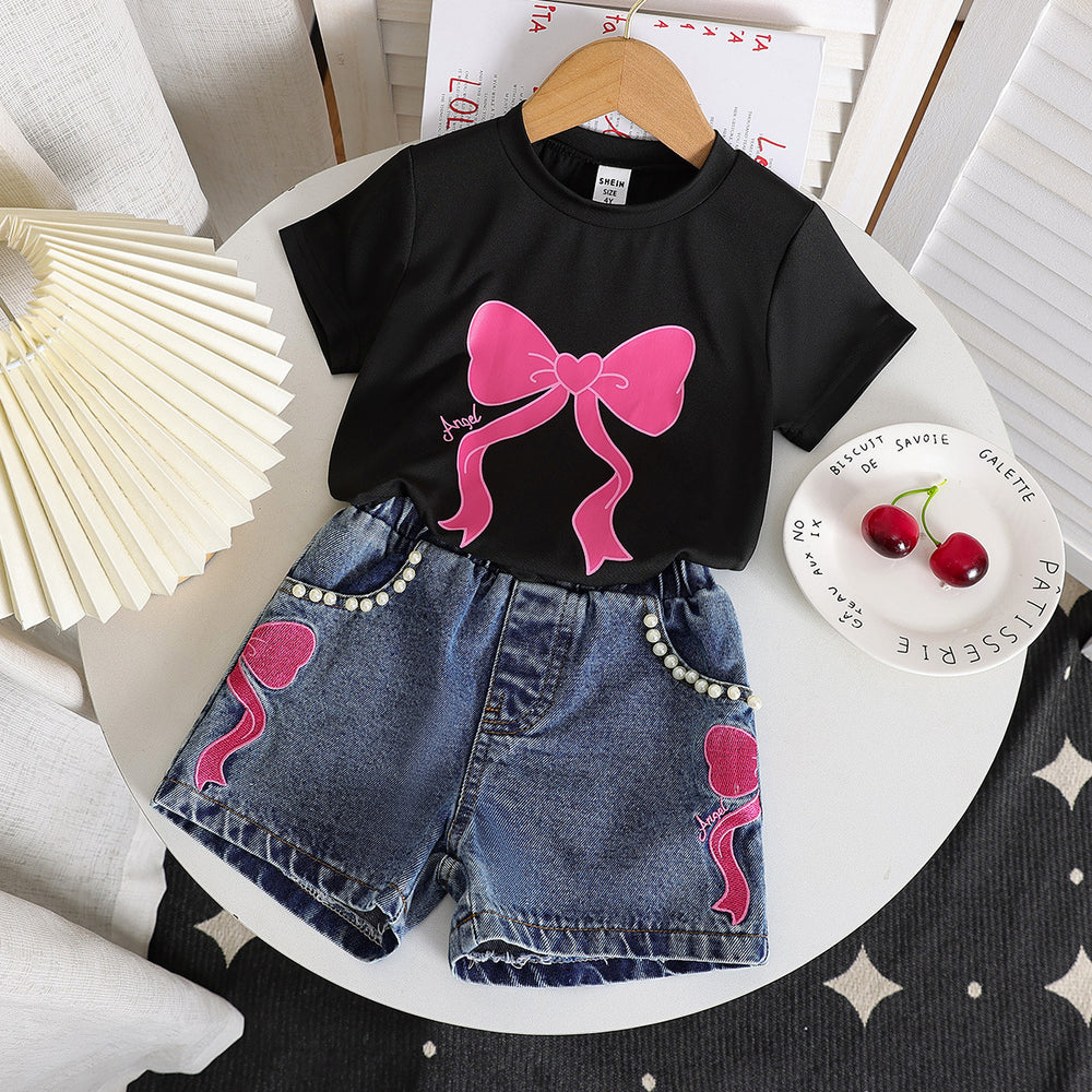 new cross-border girls' round neck printed knit top and denim beaded embroidered jeans two-piece set