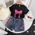 new cross-border girls' round neck printed knit top and denim beaded embroidered jeans two-piece set