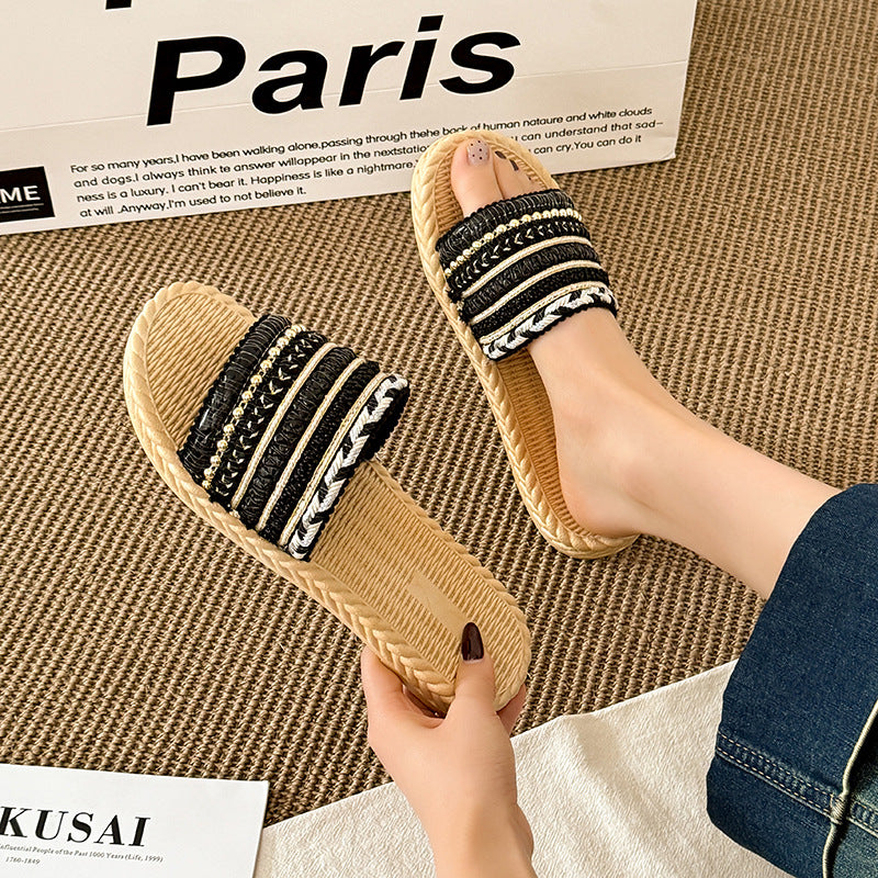 Summer new arrival: faux straw flat sandals - bohemian style lightweight beach slippers - women's sandals in stock