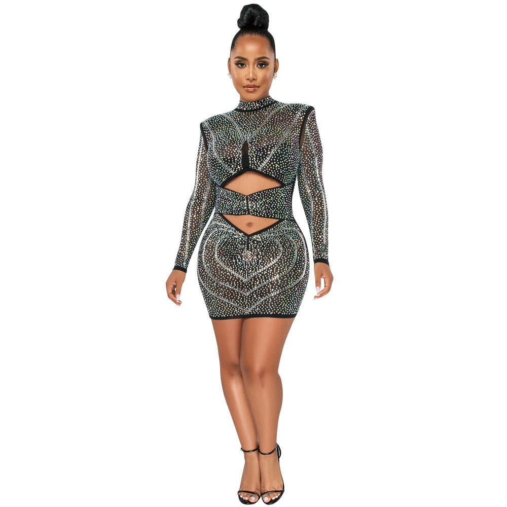 X5572   fashion sexy nightclub rhinestone mesh see-through long sleeve hollow-out midi dress