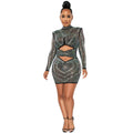 X5572   fashion sexy nightclub rhinestone mesh see-through long sleeve hollow-out midi dress