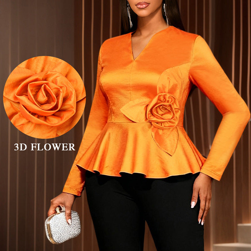 Amazon's new stereo flower long sleevestops waist rufflesv neckwork clothing banquet elegantslimming lookshirt