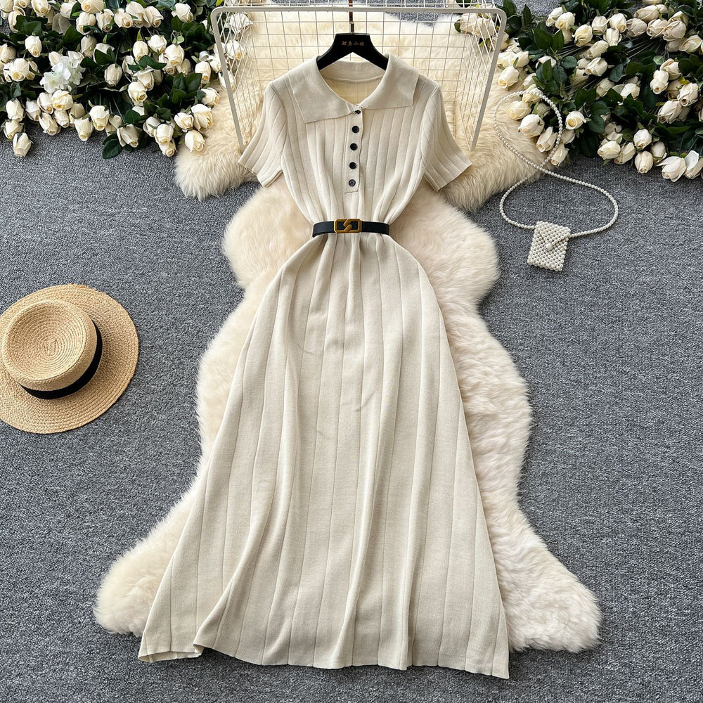 Frenchretropolo collar short-sleeved button cardiganknittingdress women's waist slimming look inner sweater skirt long skirt