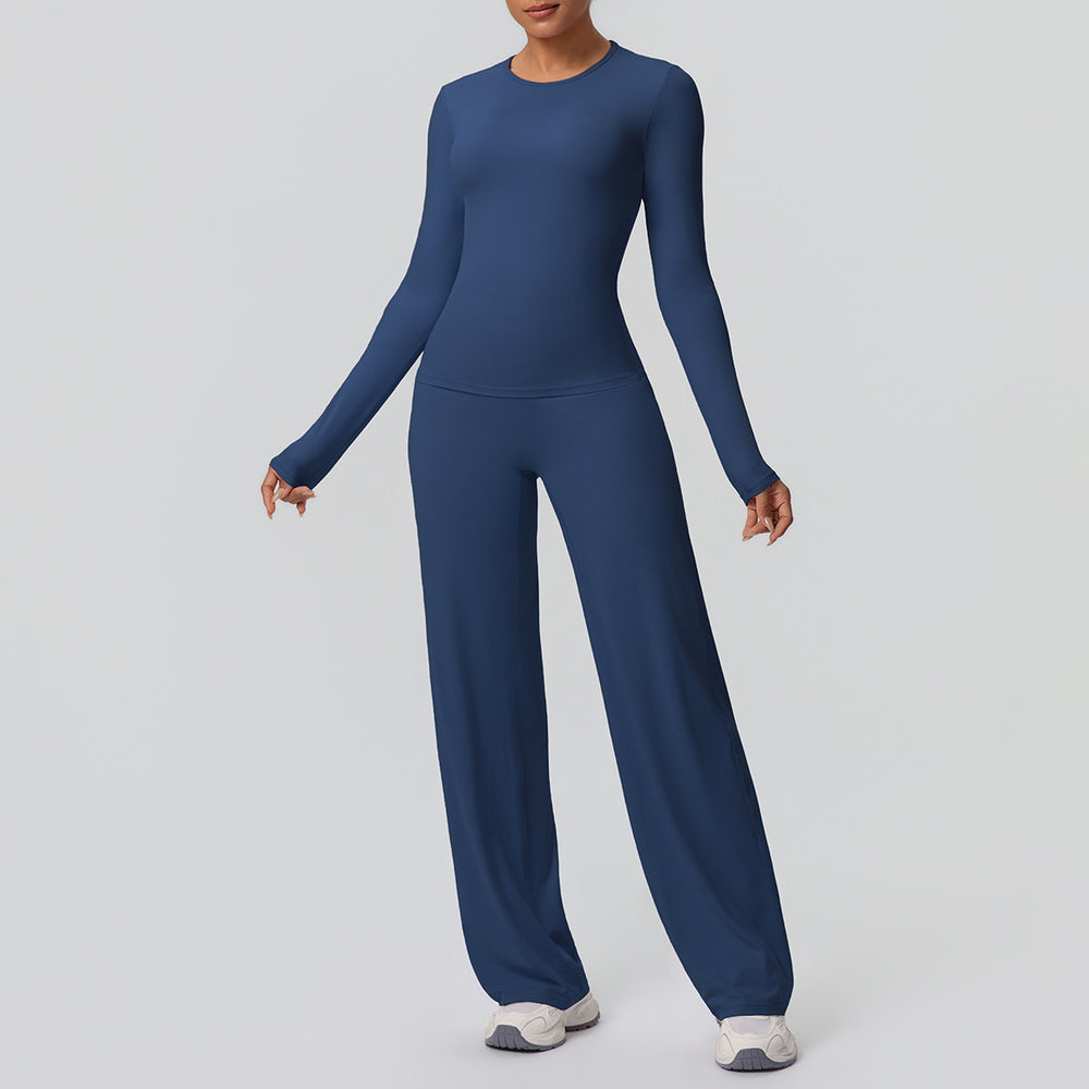 double-sided brushed pure color tight training long sleeves wide-leg yoga suit sports running fitness two-piece set