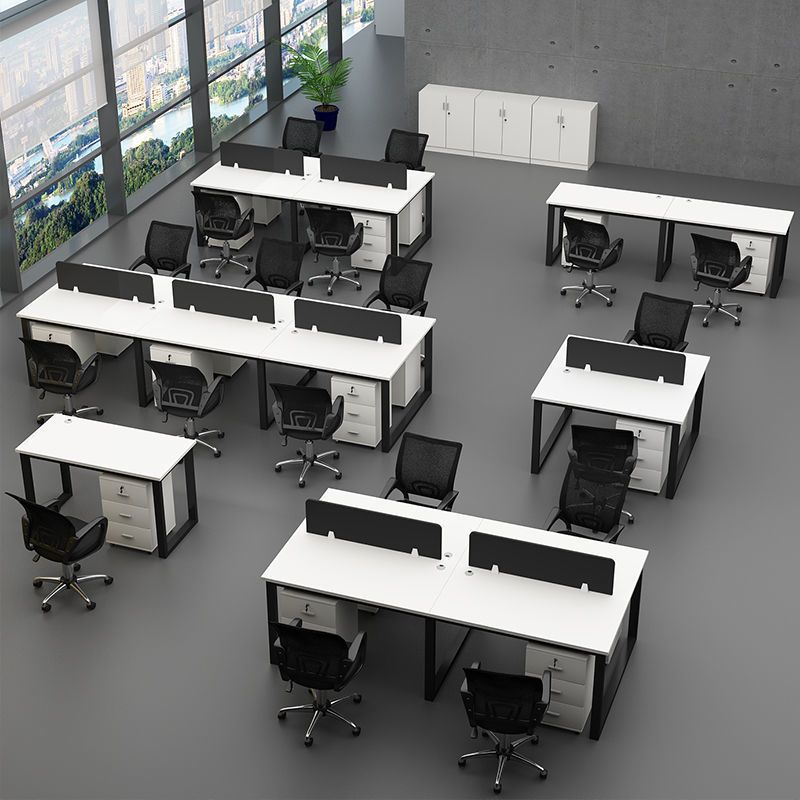 Economical four-seat office desk and chair set with partition for employees - includes two double-desk workstations and computer desks