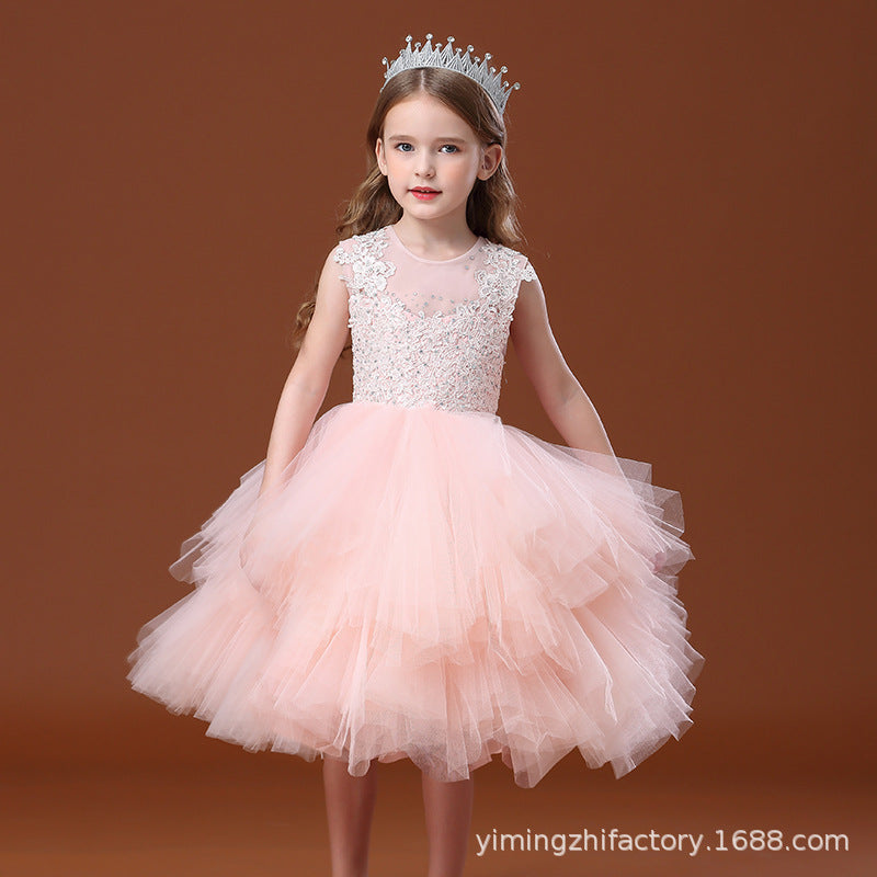 Girls' formal dress new arrival: customizable tulle tutu princess dress - pink floral print cake skirt, european & american style vest dress